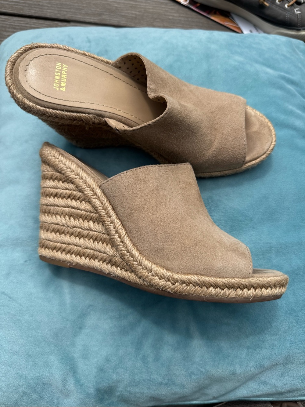 Johnston & Murphy Taupe Suede Espadrille Wedge Mules